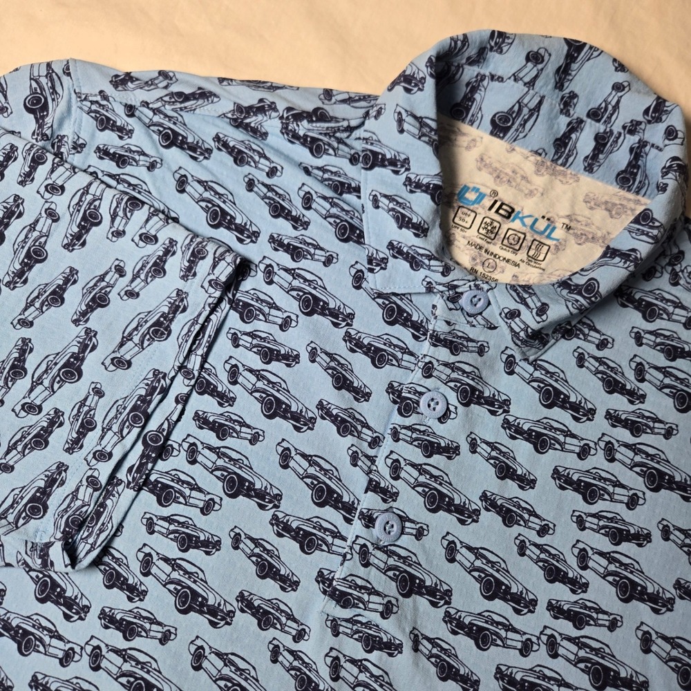 IBKUL Mens IceFil Classic Car Print Polo Shirt Blue UPF 50+ Golf Large L